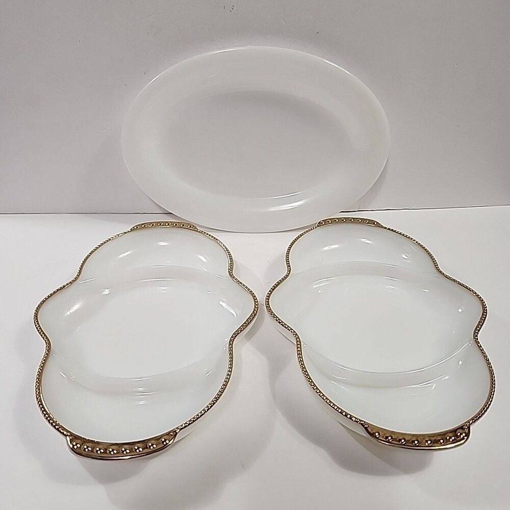 3 Pc Fire King Anchor Hocking (2) Divided Relish Dish Tray Gold Trim (1) Platter